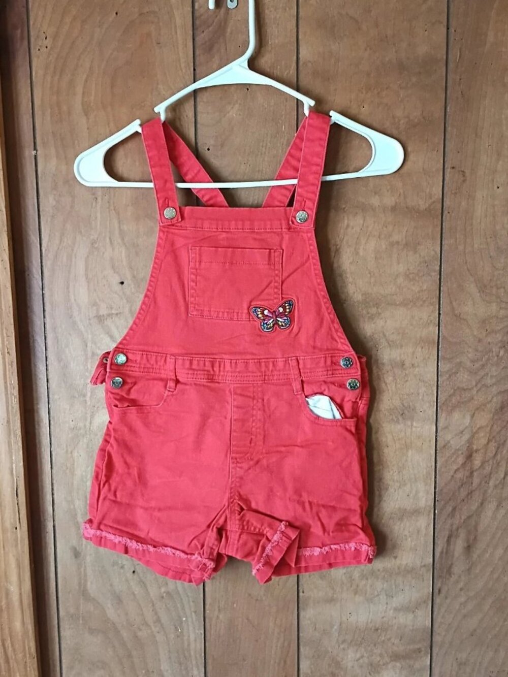 365 Kids Girls Red Short Overalls Size 7 Cotton Stretch Butterfly Denim